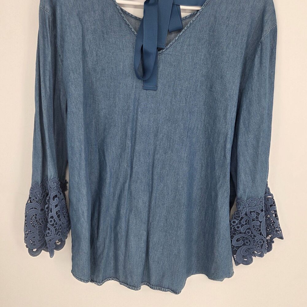 Womens Lg Blue Denim Crochet Lace Bell Sleeve Back Tie Blouse Western Fall Boho - Picture 4 of 9